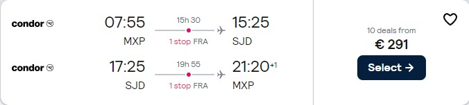 Click here to book this cheap flight deal. Cheap flights from Milan, Italy to San Jose del Cabo, Mexico for only €289 roundtrip. Flight deal ticket image.