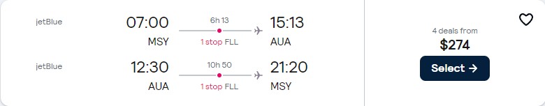 Christmas and New Year flights from New Orleans to Aruba or the Cayman Islands from only $265 roundtrip with JetBlue. Flight deal ticket image.