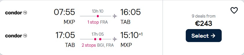 Click here to book this cheap flight deal. Cheap flights from European cities to Tobago from only €282 roundtrip. Flight deal ticket image.