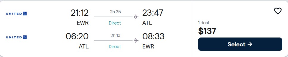Non-stop flights from New York to Atlanta for only $137 roundtrip with United Airlines. Also works in reverse. Flight deal ticket image.