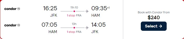 Click here to book this cheap flight deal. Cheap flights from New York to European cities from only $240 roundtrip. Flight deal ticket image.