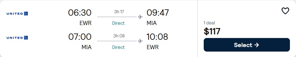 Non-stop flights from New York to Miami for only $117 roundtrip with United Airlines. Also works in reverse. Flight deal ticket image.
