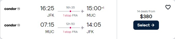 Cheap flights from New York to Munich or Hamburg, Germany from only $380 roundtrip. Flight deal ticket image.