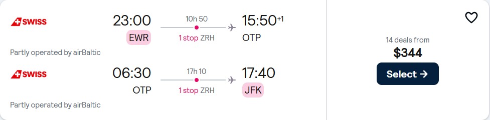 Click here to book this cheap flight deal. Cheap flights from New York to Bucharest, Romania for only $344 roundtrip with Swiss International Air Lines. Flight deal ticket image.