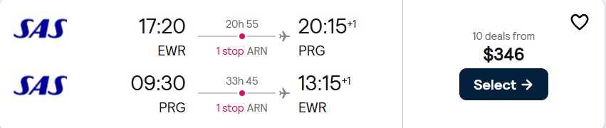 Cheap flights from New York to Prague, Czech Republic for only $346 roundtrip with Scandinavian Airlines. Flight deal ticket image.