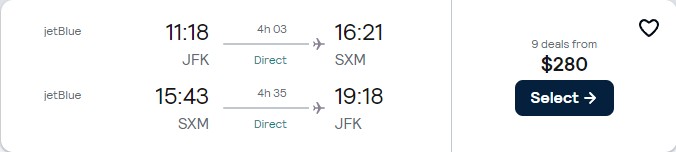 Non-stop flights from New York to Caribbean islands from only $280 roundtrip with JetBlue. Flight deal ticket image.