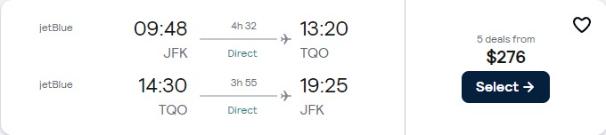 Cheap flights from New York to ________ from only $276 roundtrip with JetBlue. Flight deal ticket image.