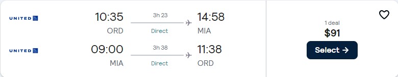 Non-stop flights from Chicago to Miami for only $91 roundtrip with United Airlines. Also works in reverse. Flight deal ticket image.