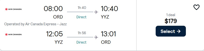 Non-stop flights from US cities to Toronto, Canada from only $179 roundtrip with Air Canada. Flight deal ticket image.