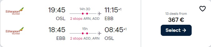 Click here to book this cheap flight deal. Cheap flights from Oslo, Norway to Entebbe, Uganda for only €367 roundtrip. Flight deal ticket image.