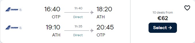 Non-stop flights from Bucharest, Romania to Athens, Greece for only €64 roundtrip. Flight deal ticket image.