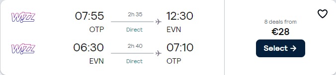 Non-stop flights from Bucharest, Romania to Yerevan, Armenia for only €28 roundtrip. Flight deal ticket image.