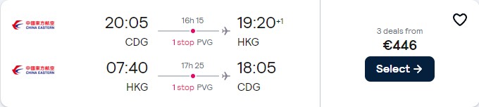 Click here to book this cheap flight deal. Cheap flights from Paris, France to Hong Kong for only €446 roundtrip. Flight deal ticket image.