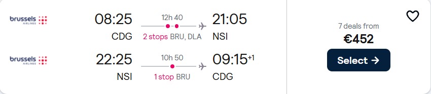 Cheap flights from Paris, France to Yaounde, Cameroon for only €452 roundtrip with Brussels Airlines. Flight deal ticket image.