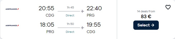 Non-stop flights from Paris, France to Prague, Czech Republic for only €83 roundtrip with Air France. Flight deal ticket image.