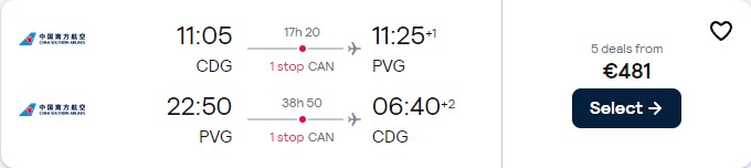 Cheap flights from Paris, France to Shanghai, China for only €481 roundtrip. Flight deal ticket image.