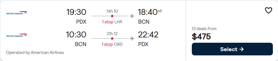Cheap flights from Portland, Oregon to Barcelona, Spain for only $475 roundtrip with British Airways and American Airlines. Flight deal ticket image.