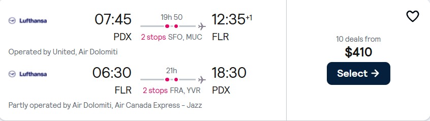 Cheap flights from Portland, Oregon to Florence, Italy for only $410 roundtrip with United Airlines, Lufthansa and Air Canada. Flight deal ticket image.