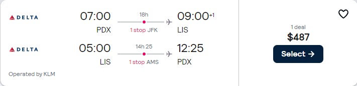 Cheap flights from Portland, Oregon to Lisbon, Portugal for only $487 roundtrip with Delta Air Lines and KLM. Flight deal ticket image.
