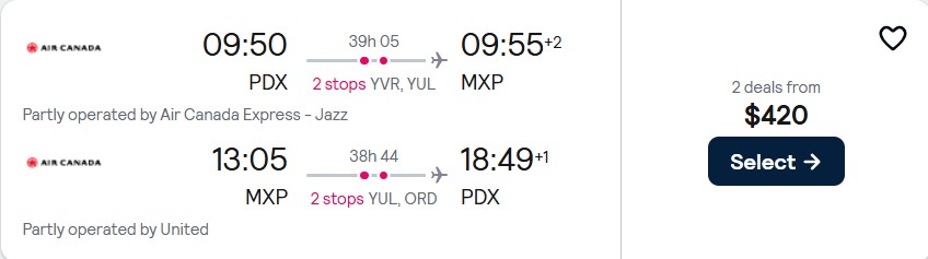 Cheap flights from Portland, Oregon to Milan, Italy for only $420 roundtrip with Air Canada and United Airlines. Flight deal ticket image.