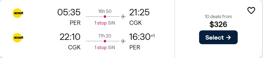 Click here to book this cheap flight deal. Cheap flights from Perth, Australia to Jakarta, Indonesia for only $326 AUD roundtrip. Flight deal ticket image.