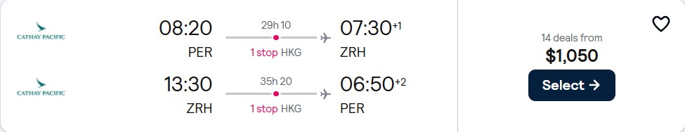 Click here to book this cheap flight deal. Cheap flights from Perth, Australia to Zurich, Switzerland for only $1050 AUD roundtrip with Cathay Pacific. Flight deal ticket image.