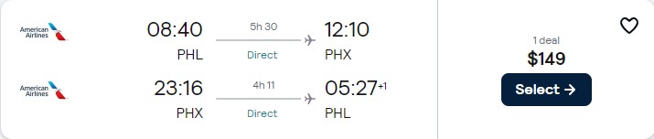 Non-stop flights from Philadelphia to Phoenix, Arizona for only $149 roundtrip with American Airlines. Also works in reverse. Flight deal ticket image.