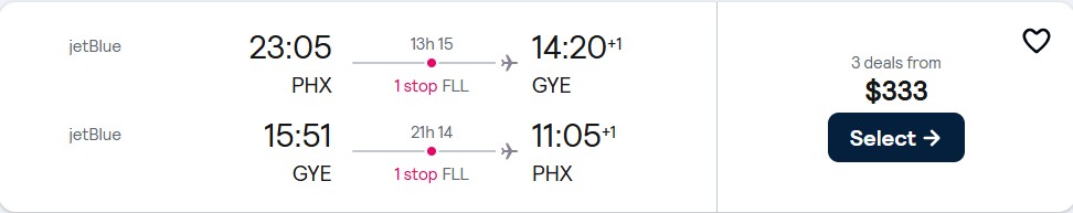 Cheap flights from Phoenix, Arizona to Guayaquil, Ecuador for only $333 roundtrip with JetBlue. Flight deal ticket image.