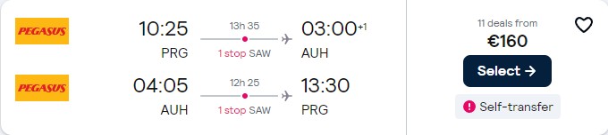 Click here to book this cheap flight deal. Cheap flights from Prague, Czech Republic to Abu Dhabi, UAE for only €160 roundtrip. Flight deal ticket image.
