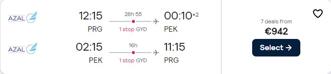 Click here to book this cheap flight deal. Business Class flights from Prague, Czech Republic to Beijing, China for only €944 roundtrip. Flight deal ticket image.