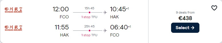 Cheap flights from Rome, Italy to the Chinese Island of Hainan for only €438 roundtrip. Flight deal ticket image.