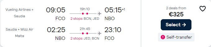 Cheap flights from Rome, Italy to Nairobi, Kenya for only €325 roundtrip. Flight deal ticket image.