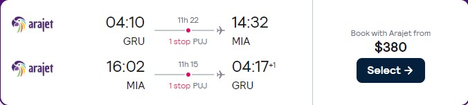 Click here to book this cheap flight deal. Cheap flights from Sao Paulo, Brazil to Miami, USA for only $380 USD roundtrip. Flight deal ticket image.