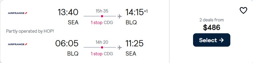 Cheap flights from Seattle to Bologna, Italy for only $486 roundtrip with Delta Air Lines and Air France. Flight deal ticket image.