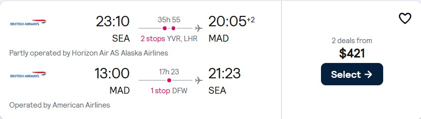 Cheap flights from Seattle to Madrid, Spain for only $421 roundtrip with Alaska Airlines, British Airways and American Airlines. Flight deal ticket image.