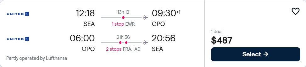 Click here to book this cheap flight deal. Cheap flights from Seattle to Porto, Portugal for only $487 roundtrip with United Airlines and Lufthansa. Flight deal ticket image.