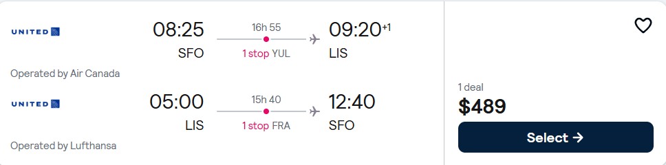 Click here to book this cheap flight deal. Cheap flights from San Francisco to Lisbon, Portugal for only $489 roundtrip with Air Canada and Lufthansa. Flight deal ticket image.