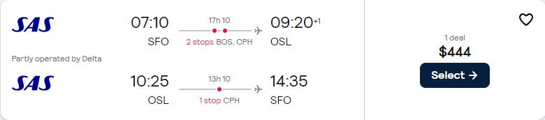 Cheap flights from San Francisco to Oslo, Norway for only $444 roundtrip with Delta Air Lines and Scandinavian Airlines. Flight deal ticket image.