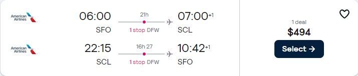 Cheap flights from San Francisco to Santiago, Chile for only $494 roundtrip with American Airlines. Flight deal ticket image.