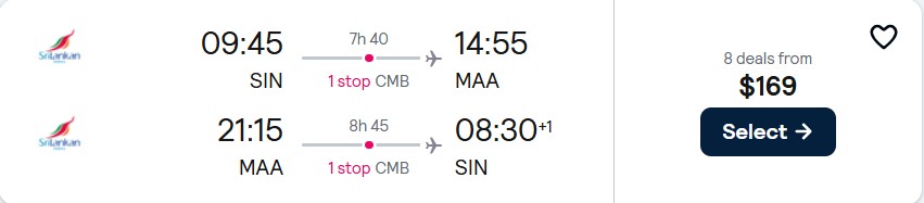 Cheap flights from Singapore to Chennai, India for only $169 USD roundtrip with SriLankan Airlines. Flight deal ticket image.