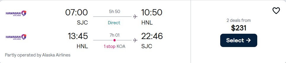 Click here to book this cheap flight deal. Cheap flights from San Jose, California to Honolulu, Hawaii for only $223 roundtrip with Hawaiian Airlines. Also works in reverse. Flight deal ticket image.