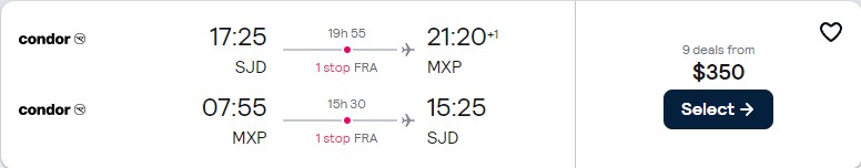 Click here to book this cheap flight deal. Cheap flights from San Jose del Cabo, Mexico to European cities from only $350 USD roundtrip. Flight deal ticket image.