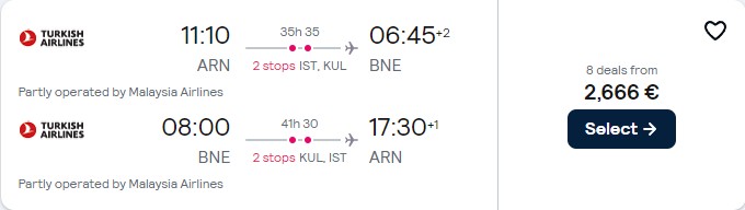 Business Class flights from Stockholm, Sweden to Brisbane, Australia for only €2666 roundtrip with Turkish Airlines and Malaysia Airlines. Flight deal ticket image.