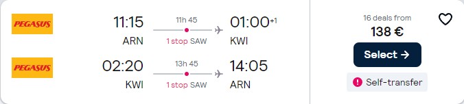 Cheap flights from Stockholm, Sweden to Kuwait City, Kuwait for only €138 roundtrip. Flight deal ticket image.