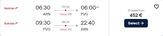 Cheap flights from Stockholm, Sweden to Shanghai, China for only €452 roundtrip with Austrian Airlines. Flight deal ticket image.