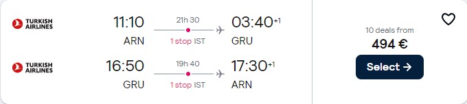 Cheap flights from Stockholm, Sweden to Sao Paulo, Brazil for only €494 roundtrip with Turkish Airlines. Flight deal ticket image.