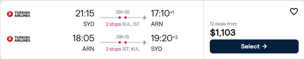 Click here to book this cheap flight deal. Cheap flights from Sydney, Australia to Stockholm, Sweden for only $1103 AUD roundtrip with Turkish Airlines. Flight deal ticket image.