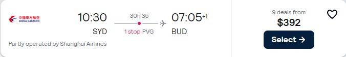 Cheap flights from Sydney, Australia to Budapest, Hungary for only $392 AUD one-way. Flight deal ticket image.