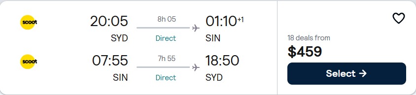 Click here to book this cheap flight deal. Non-stop flights from Sydney, Australia to Singapore for only $459 AUD roundtrip. Flight deal ticket image.