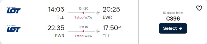 Cheap flights from Tallinn, Estonia to New York, USA for only €396 roundtrip with LOT Polish Airlines. Flight deal ticket image.